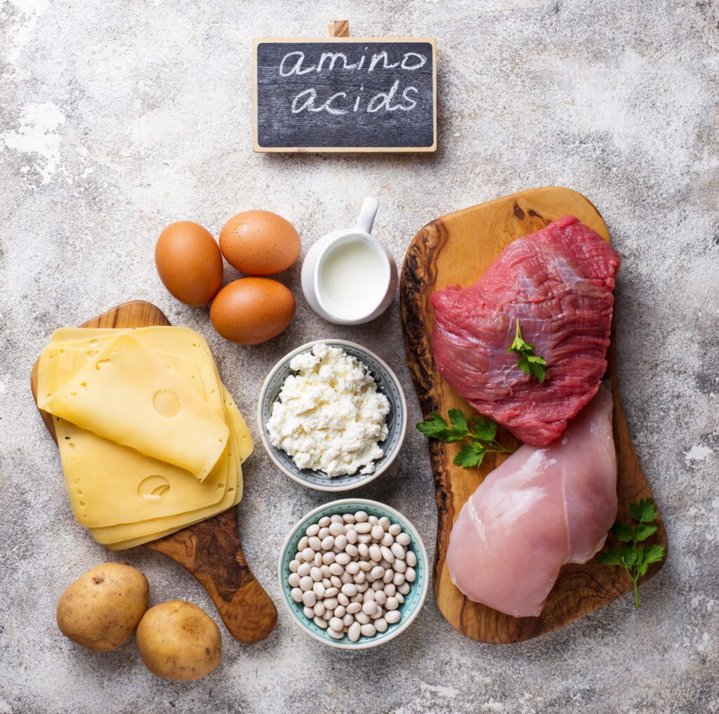 Mesa com comidas que contém aminoácidos.